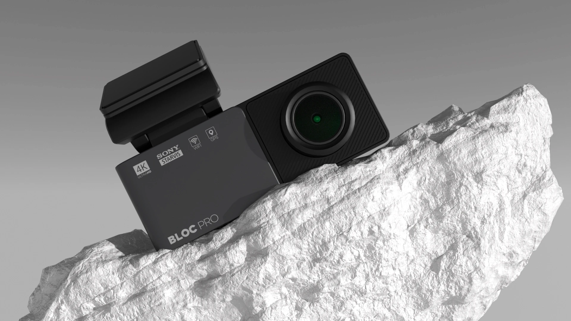 Close-up 3D render highlighting Bloc Pro dash camera lens