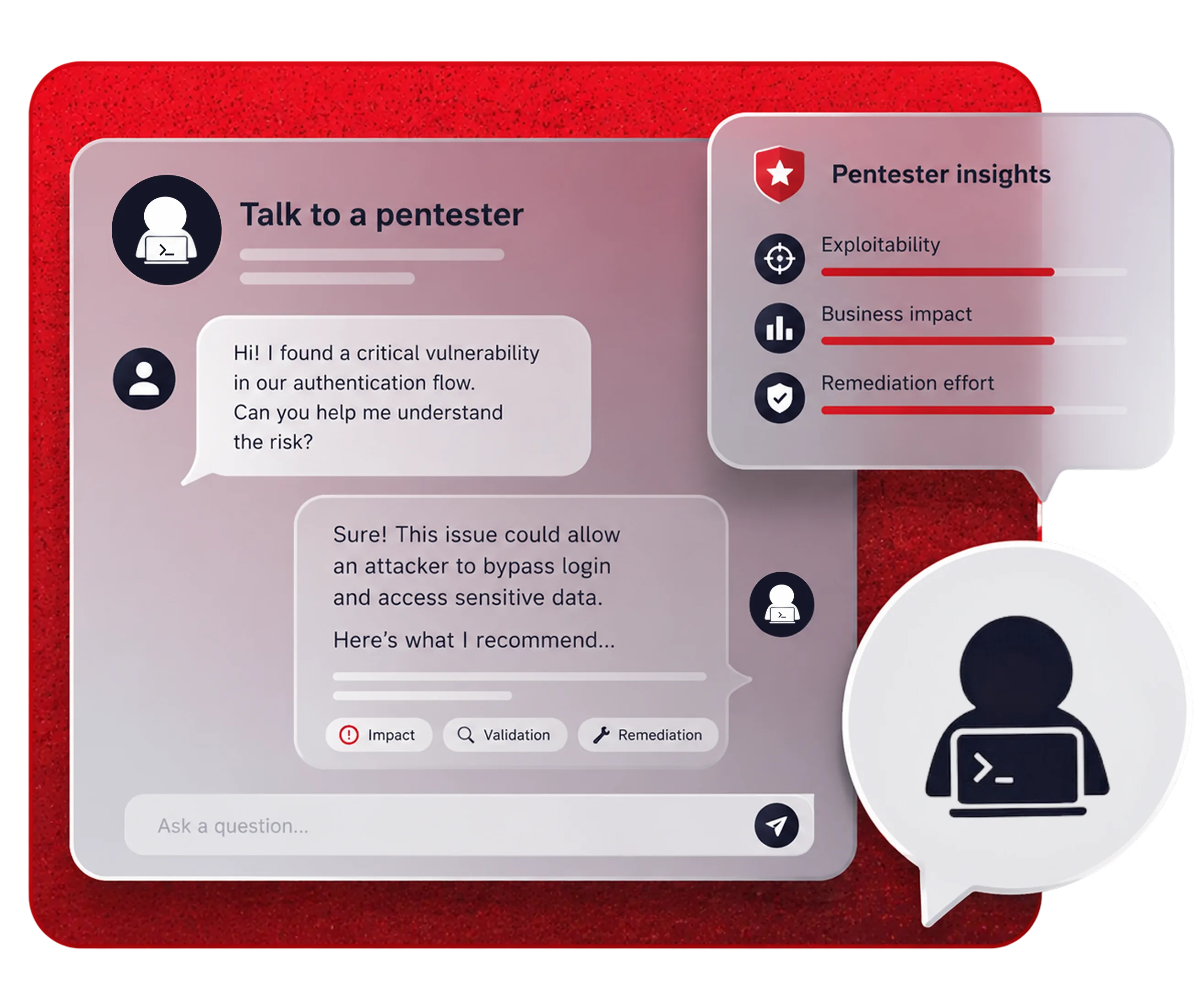 Talk to a pentester chat: a developer asks about a critical authentication vulnerability and gets expert remediation advice.