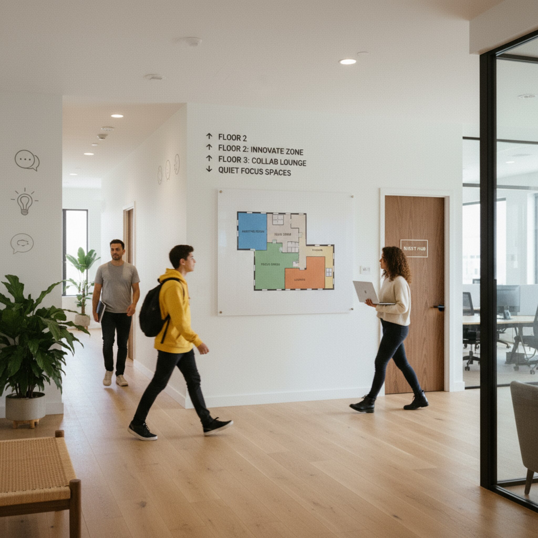 Ein Flur mit Wegweisern zu verschiedenen Etagen und Bereichen, daneben ein übersichtlicher, gedruckter Gebäudeplan mit farblich markierten Zonen. Menschen bewegen sich ruhig zwischen den Bereichen, eine Tür mit dezentem Schild führt zum nächsten Hub. Es entsteht ein Gefühl von Orientierung und Struktur.
