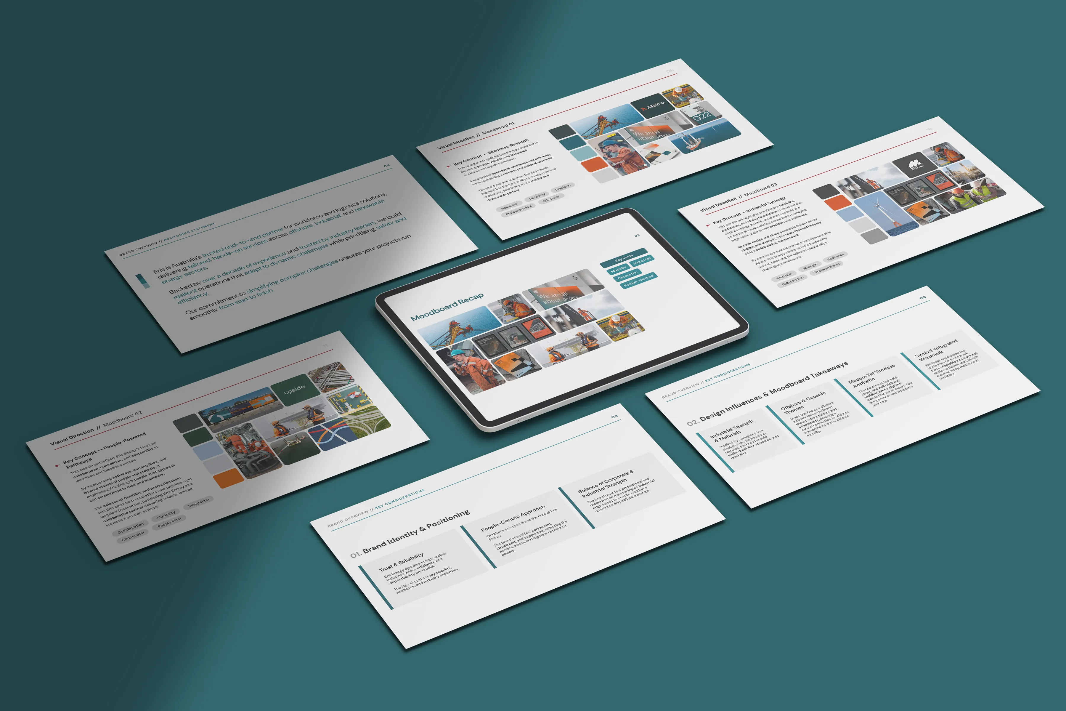 Brand strategy and visual identity presentation showing moodboards, positioning slides, and design direction layouts.