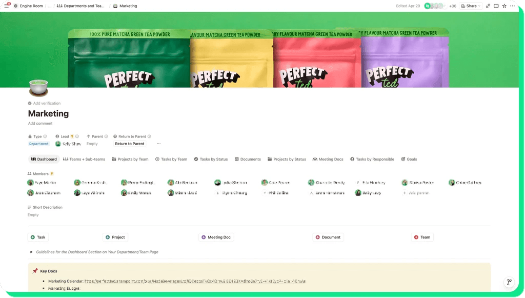 Notion marketing calendar for a D2C brand, connecting campaigns, content, promotions, and product launches in one workspace