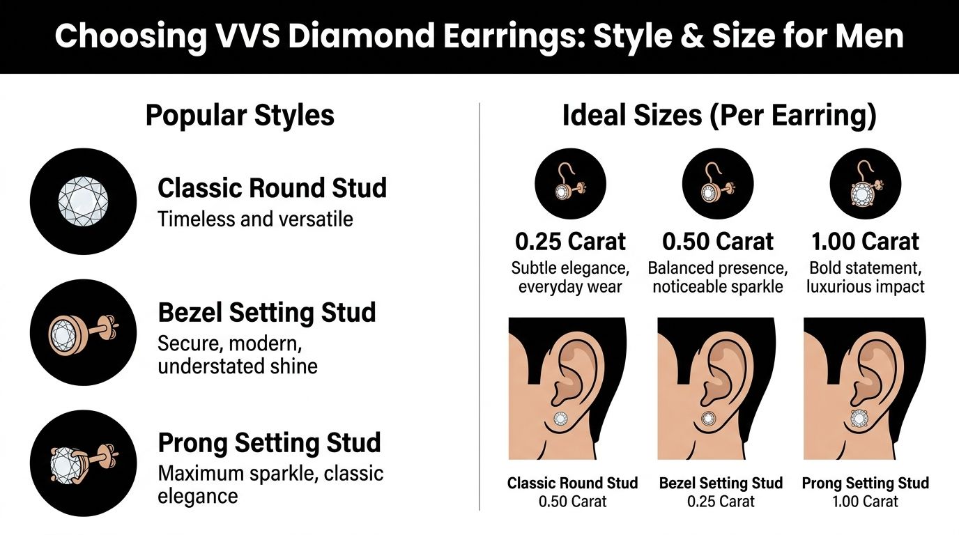 An infographic guide explaining popular styles and ideal carat sizes for men's VVS diamond stud earrings.