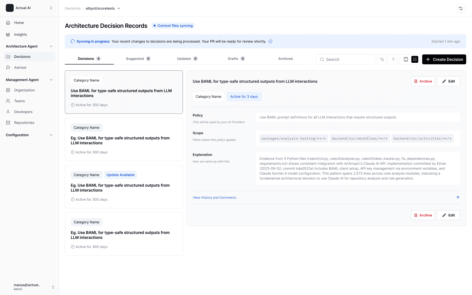 Actual AI Architecture Decision Records screen