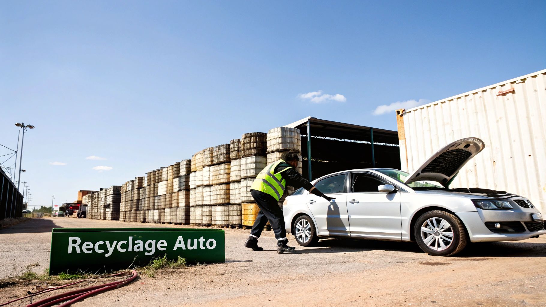 Un employé en gilet de sécurité jaune inspecte une voiture argentée à capot ouvert, devant un panneau 'Recyclage Auto' dans une casse automobile.