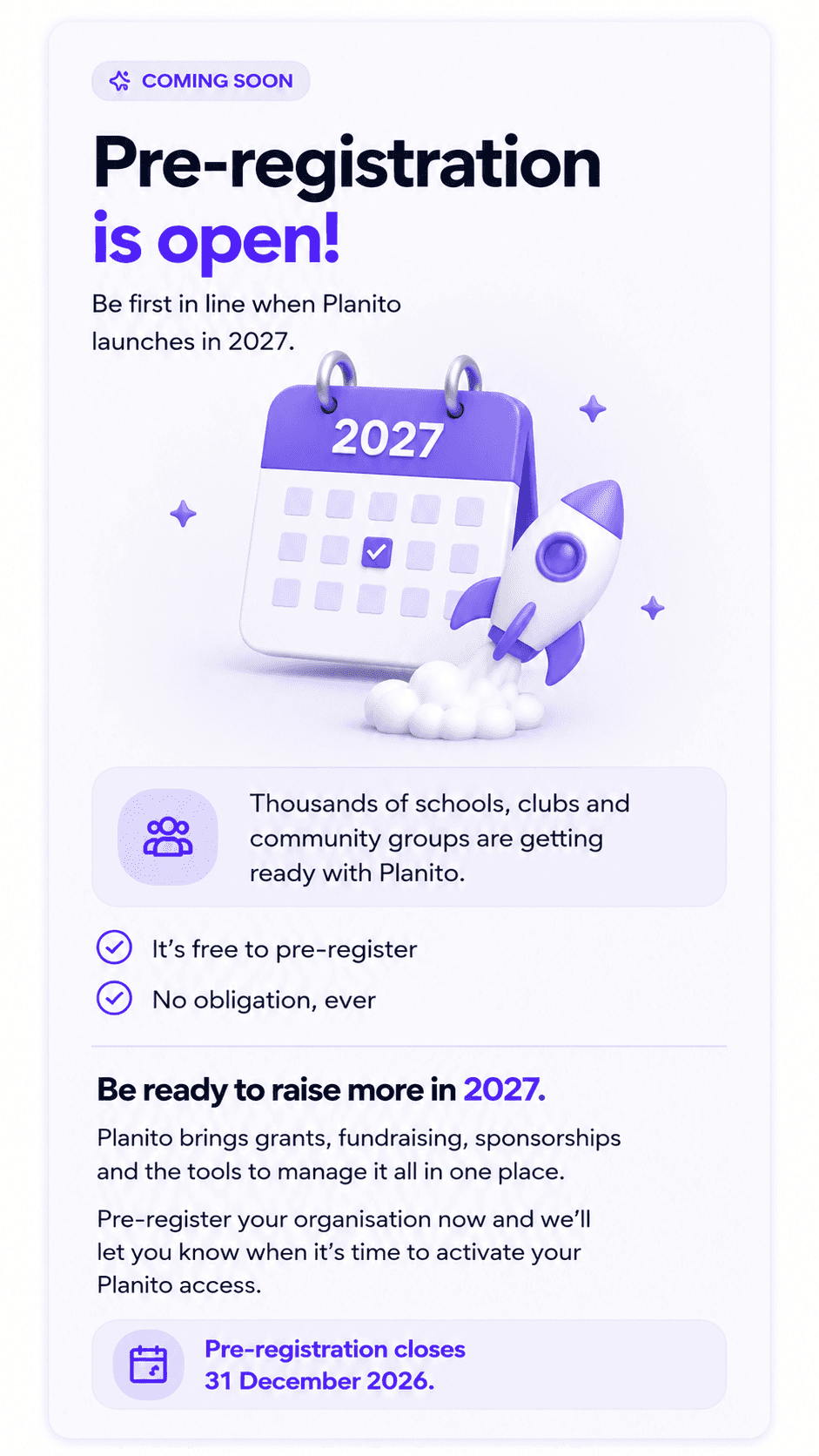 Planito 2027 pre-registration graphic showing a launch calendar and students celebrating the opening of a new playground.