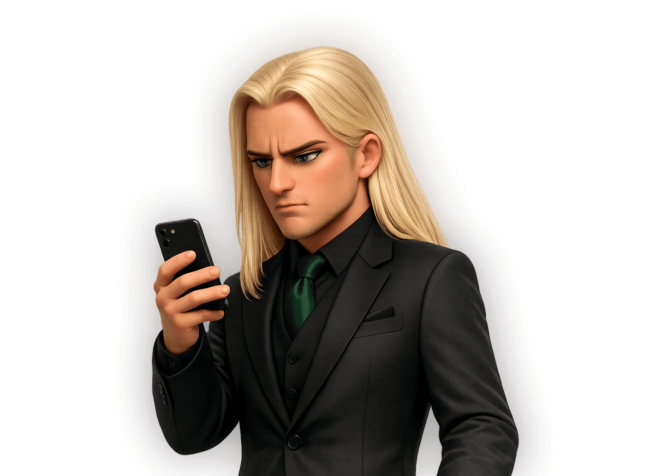 Illustrated man with long blond hair in a black suit and green tie, frowning while looking at his smartphone.