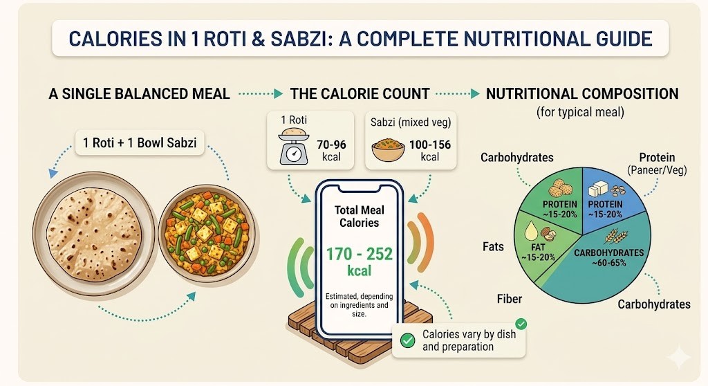 An infographic titled "Calories in 1 Roti & Sabzi: A Complete Nutritional Guide." The image breaks down a balanced meal of one roti and one bowl of mixed vegetable sabzi, estimating the total meal calories between 170-252 kcal, alongside a nutritional composition pie chart showing typical percentages for carbohydrates, protein, fats, and fiber.
