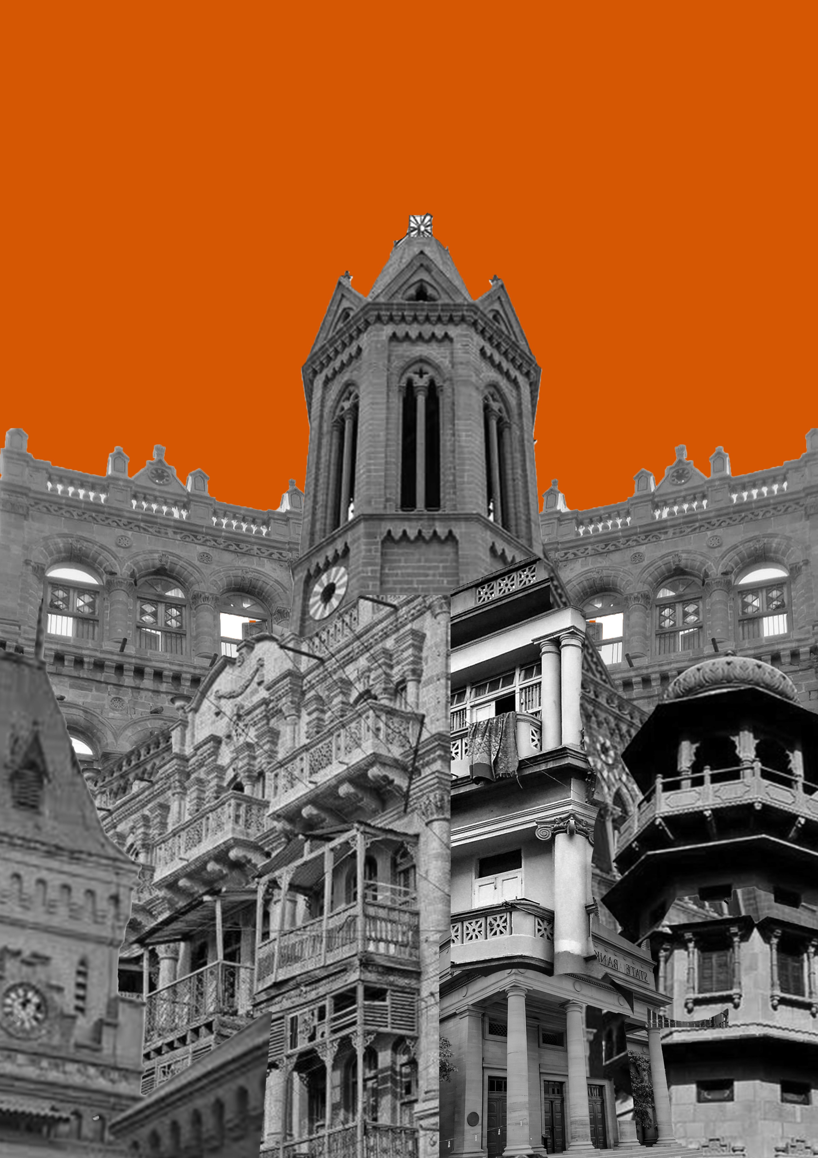 a low angle shot of a post-colonial building, layered with different buildings like newspaper cutout on a completely orange sky