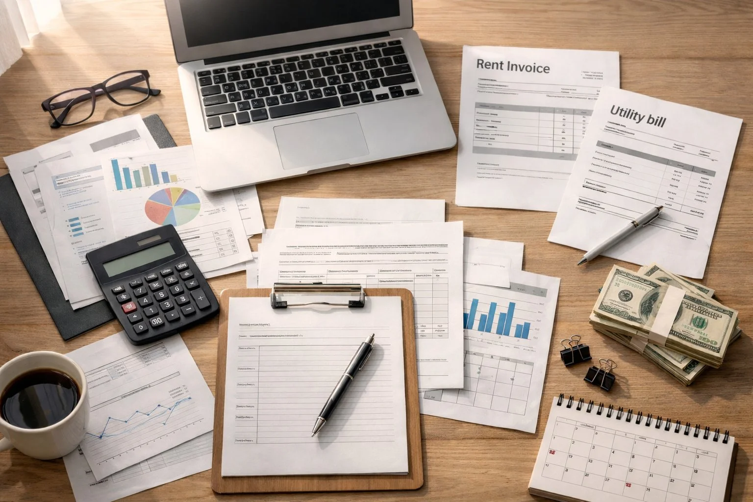 Flat lay of a small business planning desk with paperwork, laptop, calculator, bills, calendar, and a small stack of cash in soft daylight.
