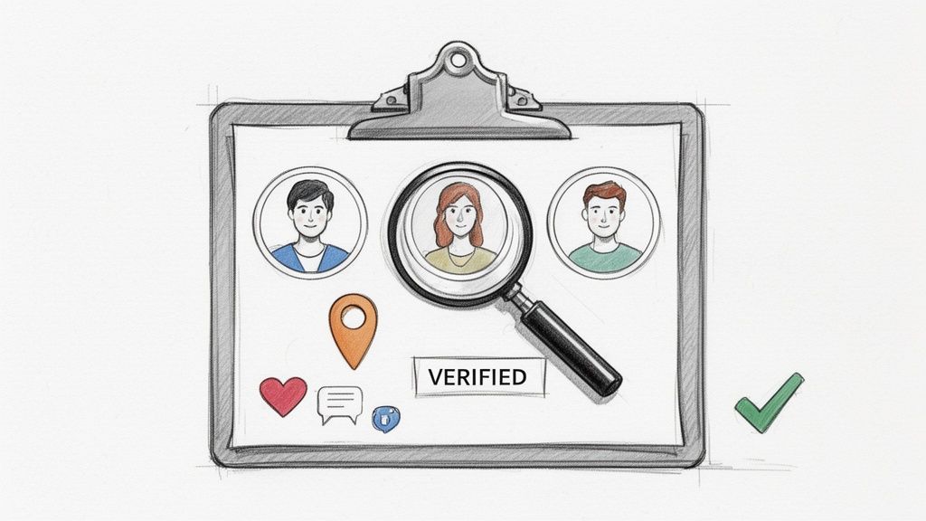 A hand-drawn illustration of a clipboard with user profiles, a magnifying glass, and a