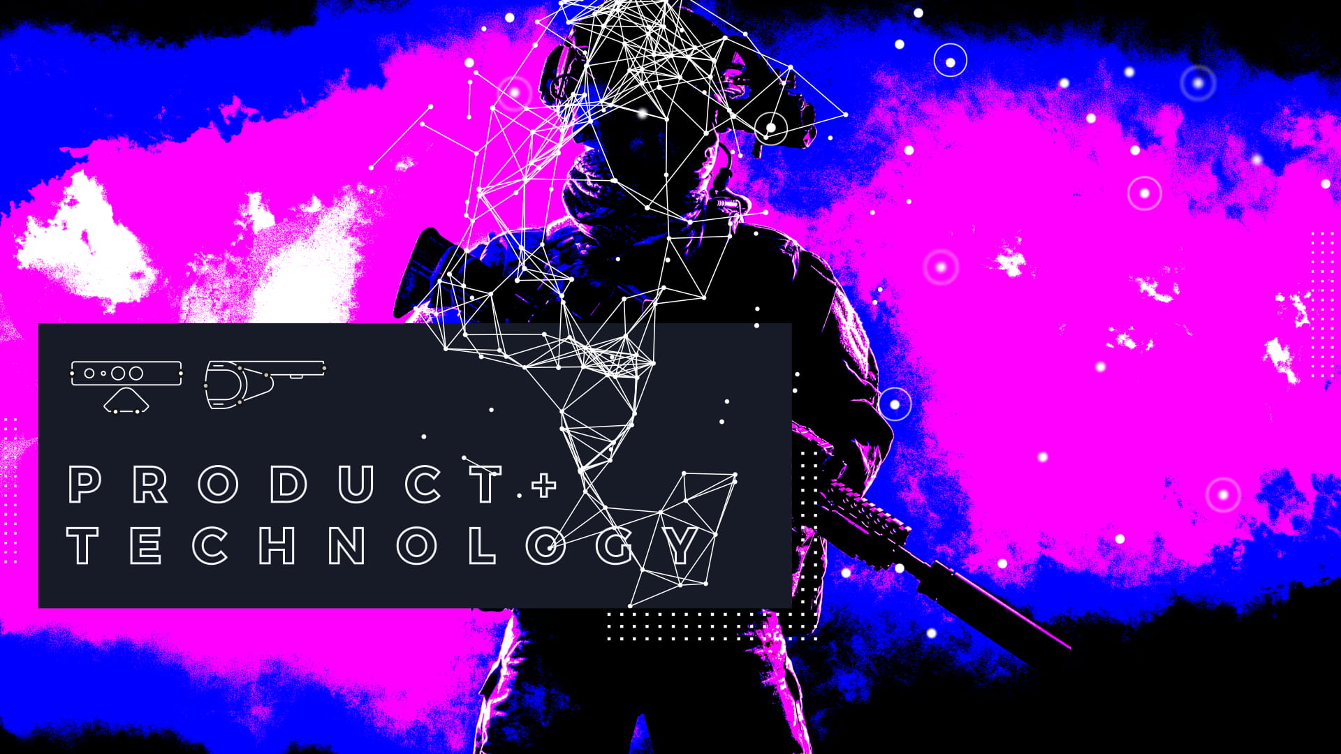 Product + Technology section divider with dramatic pink and blue color treatment showing soldier silhouette wearing VR headset with geometric network overlay, sensor and controller device icons, and particle effects on vibrant magenta and blue gradient background