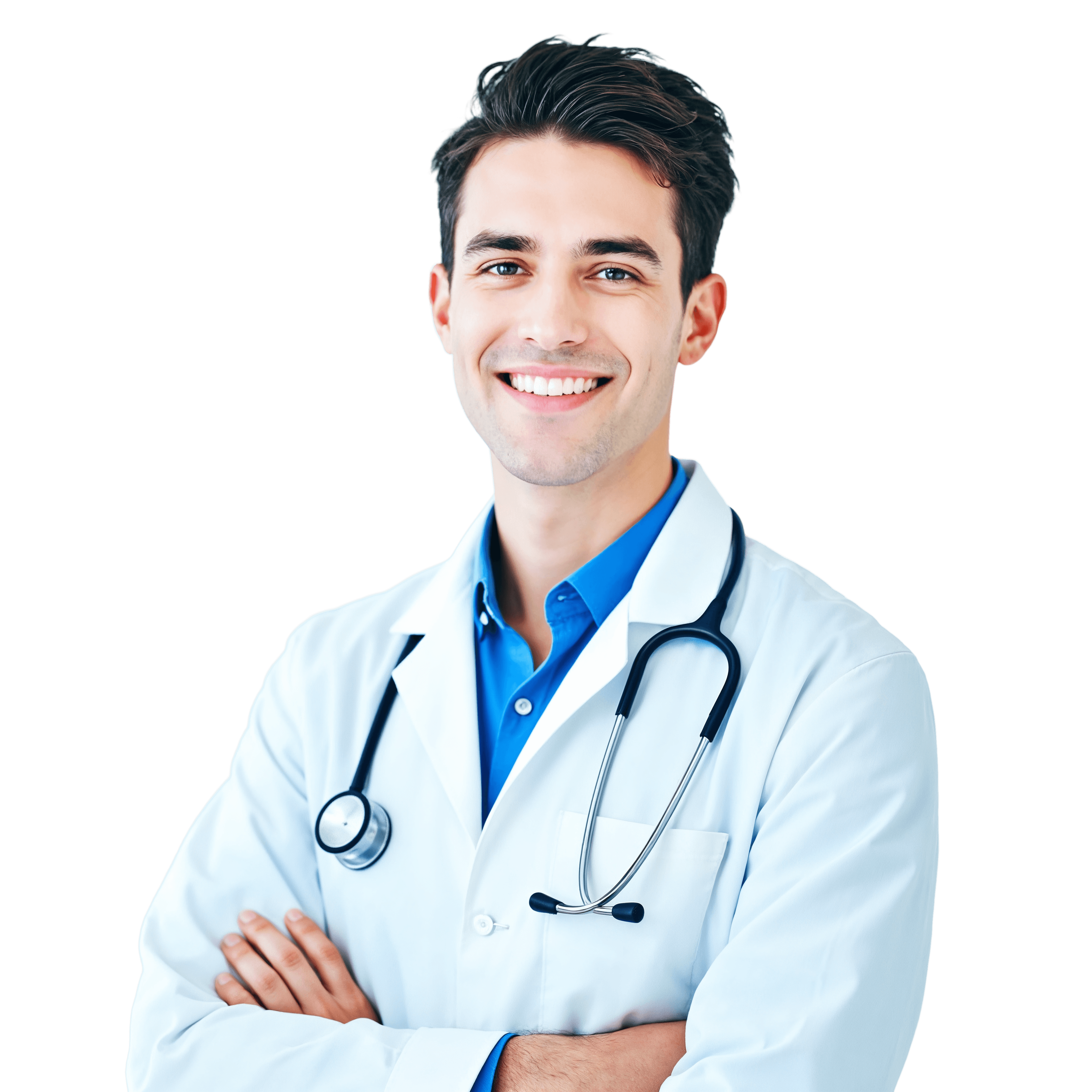 Smiling male doctor with dark hair, wearing a white coat and a blue shirt, with a stethoscope around his neck, standing against a black background.