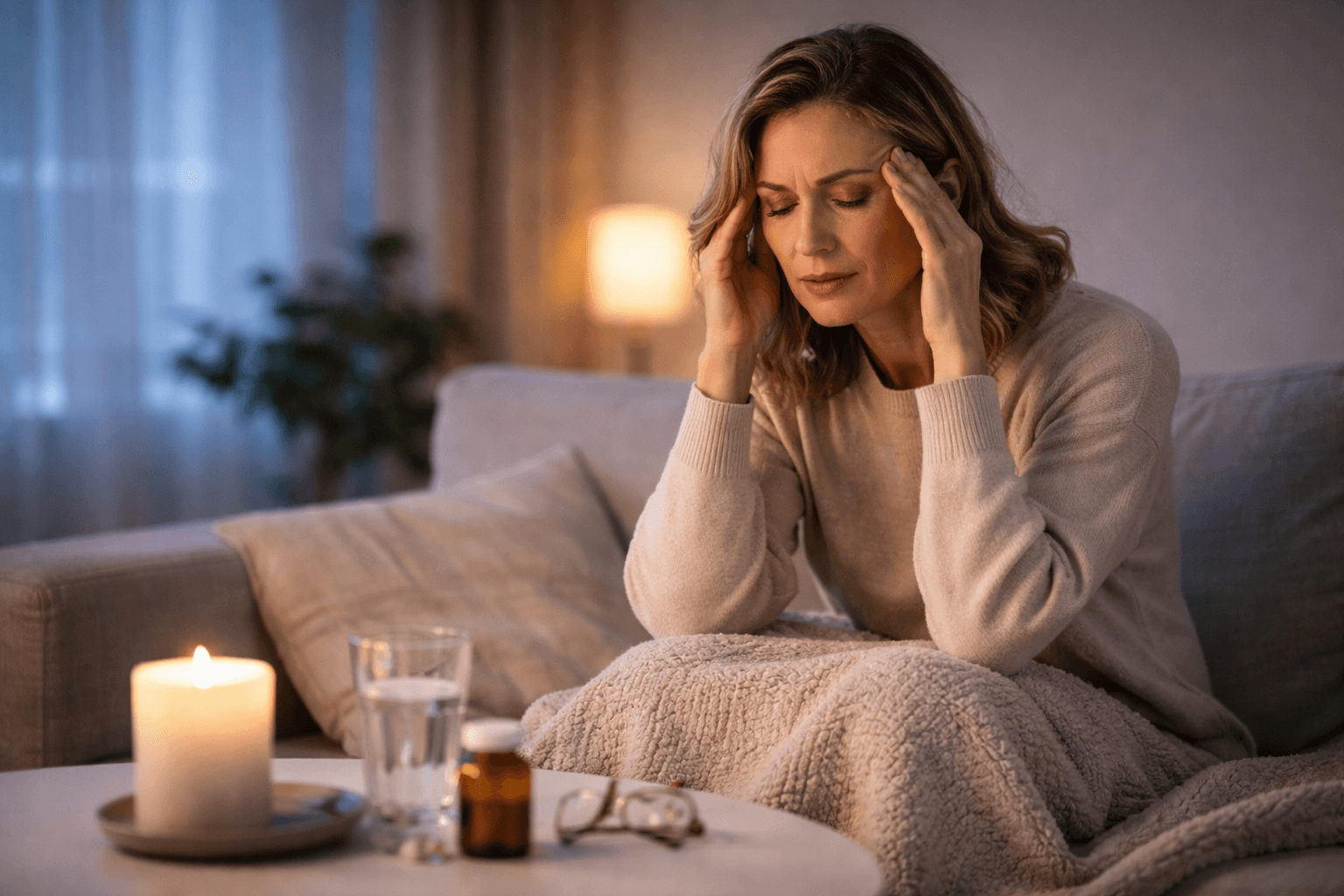 Frau sitzt nachts auf dem Sofa mit Decke und wirkt müde und angespannt