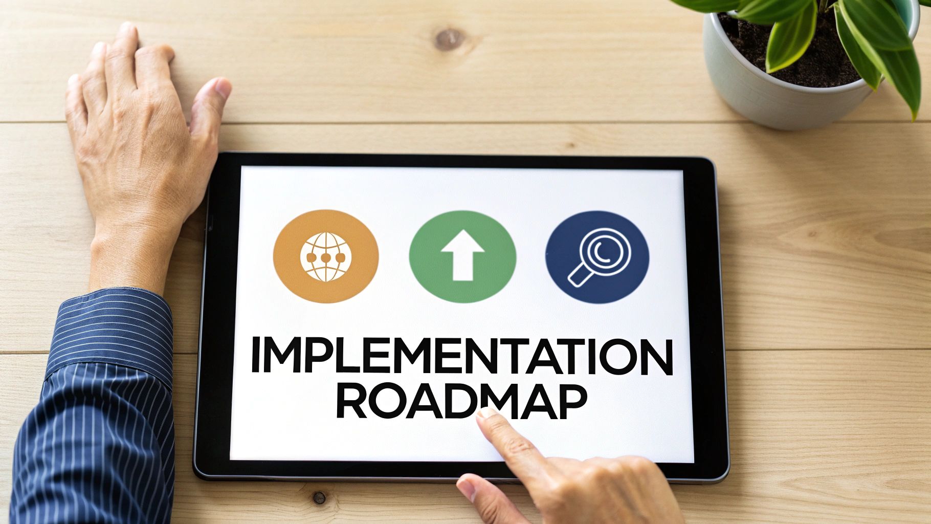 A person's hands on a tablet displaying 'IMPLEMENTATION ROADMAP' with three strategic icons.