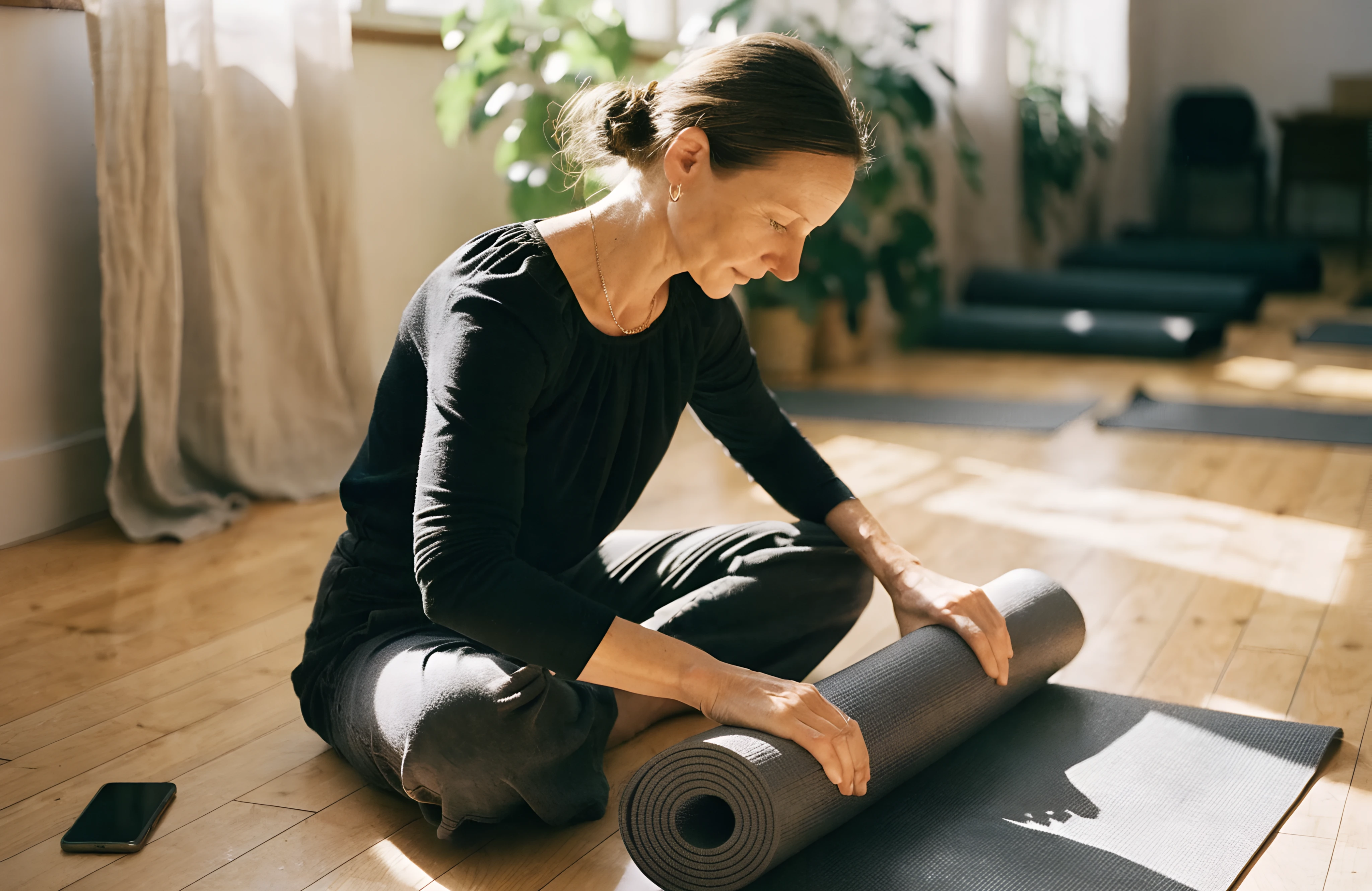 Yoga instructor rolling up her mat with her phone face down, learning to get clients without social media