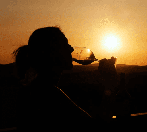 Professional brand photography of a woman drinking Honrado Vineyards wine during a sunset