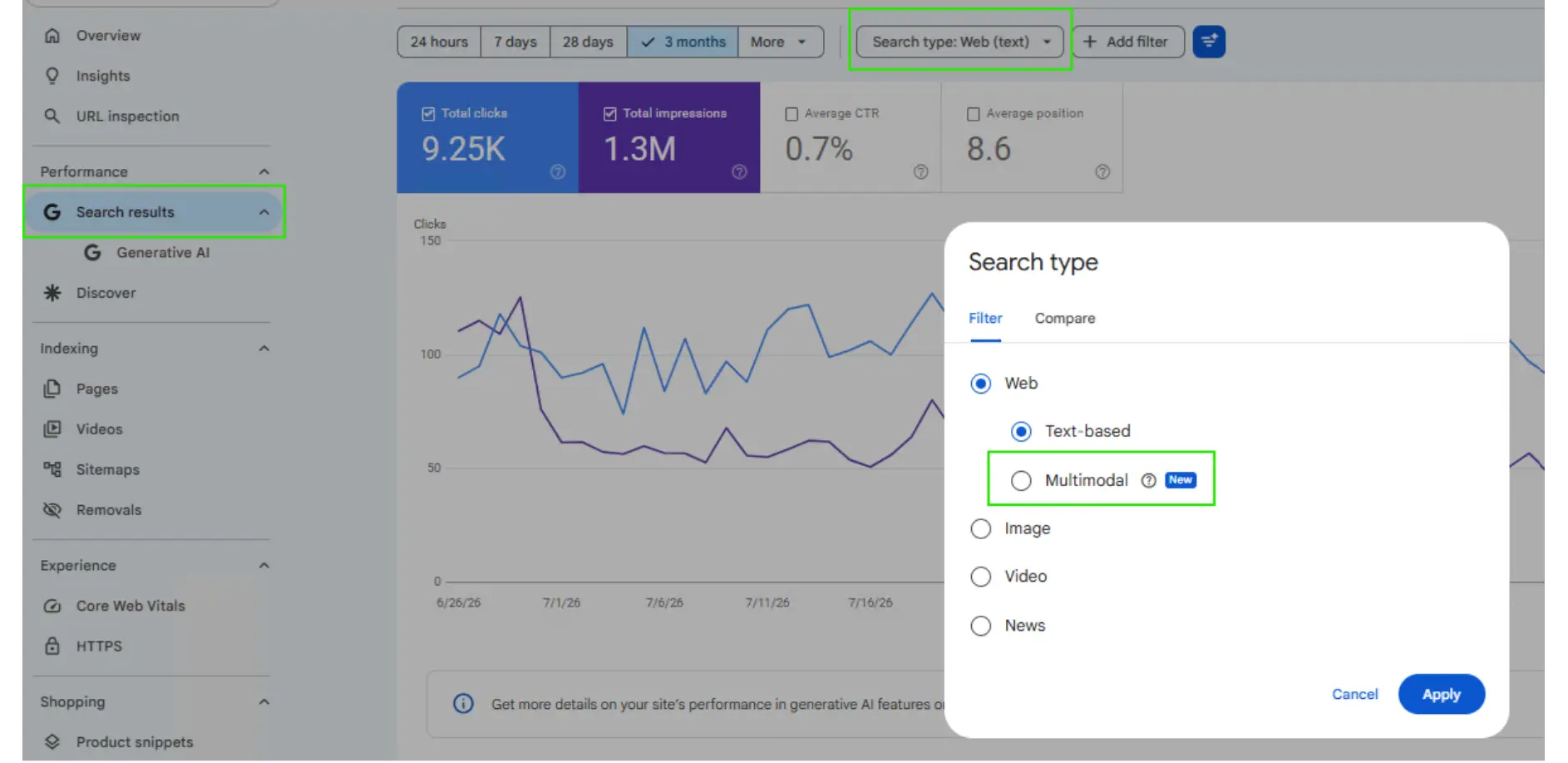 Google Search Console interface showing the new Multimodal search type filter option.