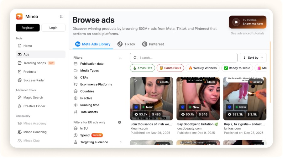 Minea “Browse Ads”