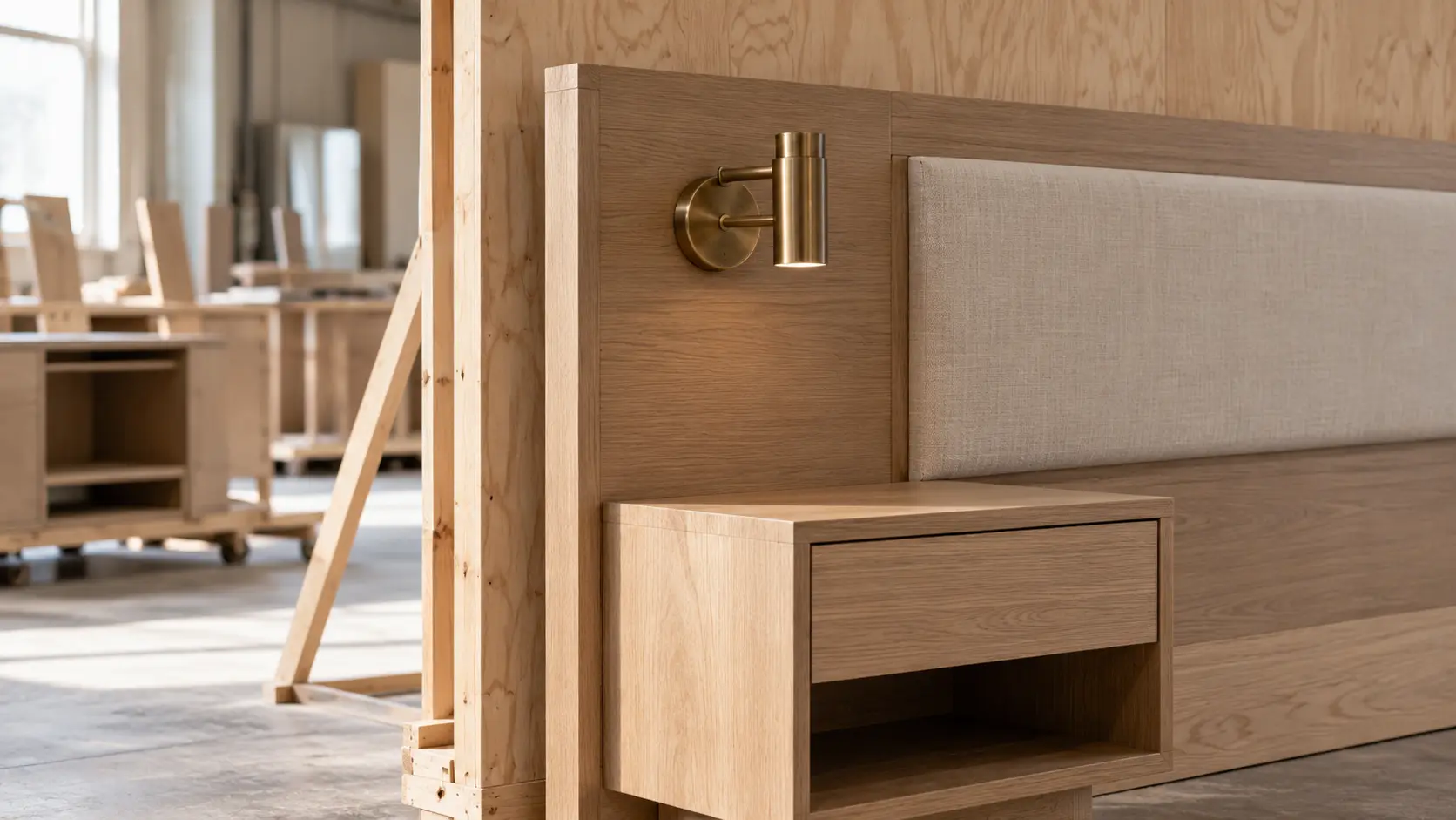 Mock-up of an oak headboard and nightstand with a brass sconce, built inside the workshop