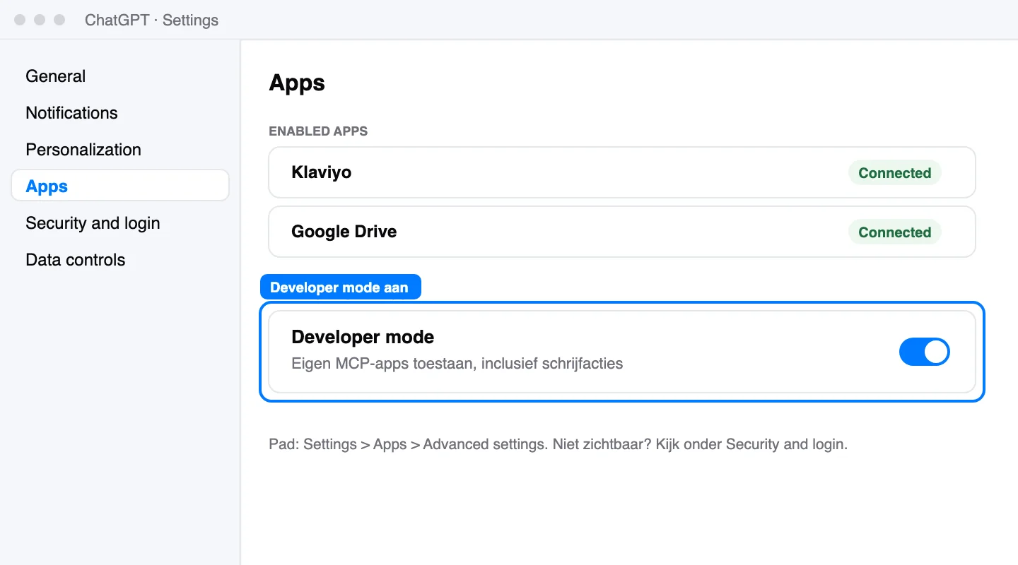 Schematische weergave: Zonder deze schakelaar geen eigen MCP-app. Kijk anders onder Settings > Security and login.