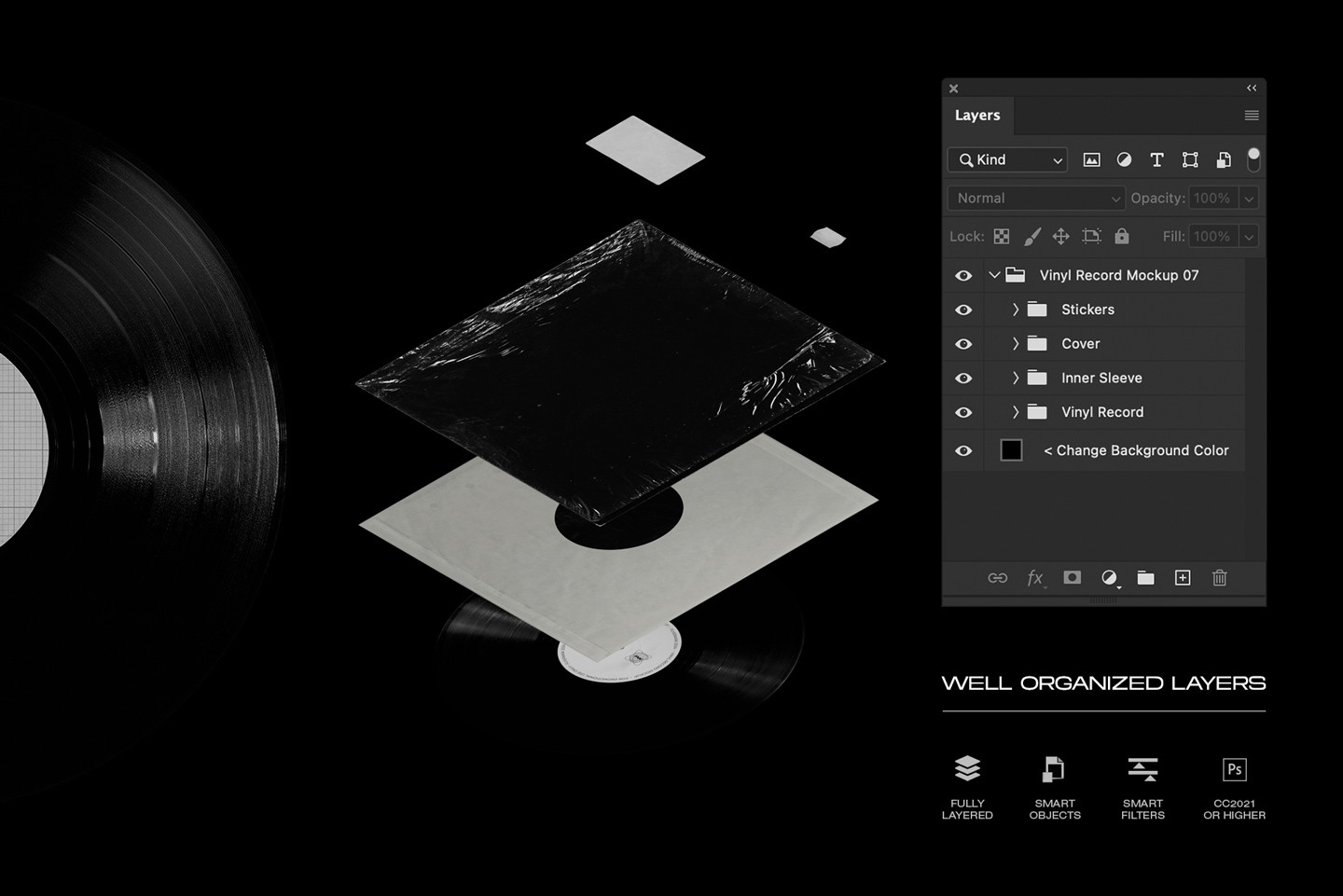 Vinyl record mockup Photoshop template with smart objects and organized layers