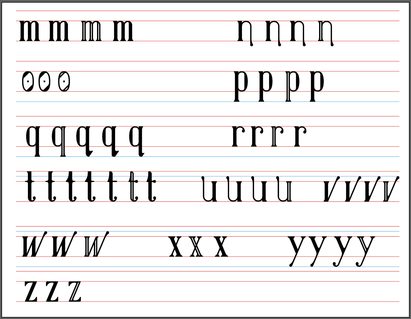 Digital first draft of the letters for the typeface. Lines with the letterform options in rows.