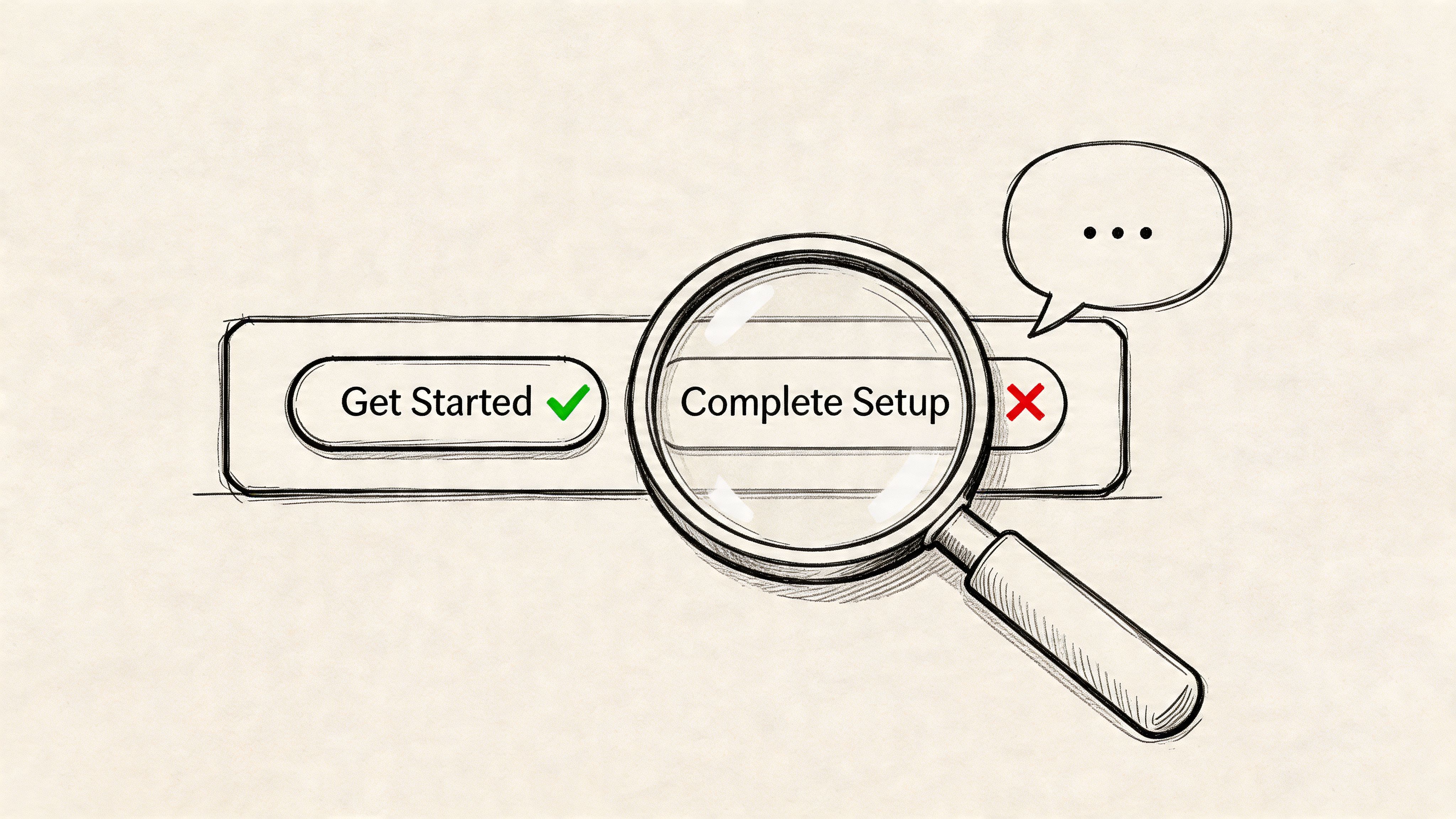 A pencil sketch of a magnifying glass inspecting a UI interface with Get Started and Complete Setup buttons.