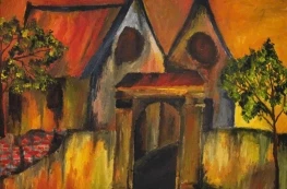 Abstract painting of a house with trees.