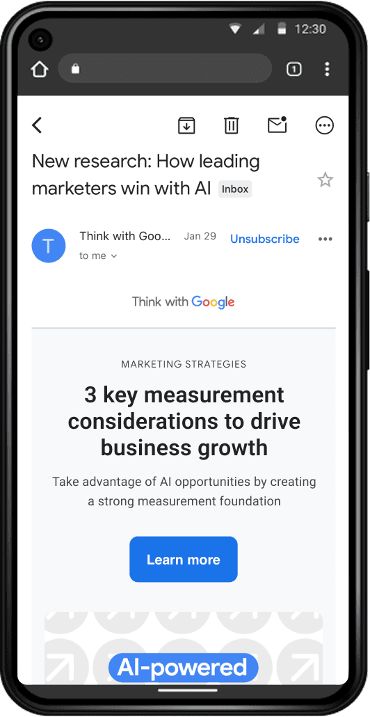 Mobile screen display of the Think with Google home page
