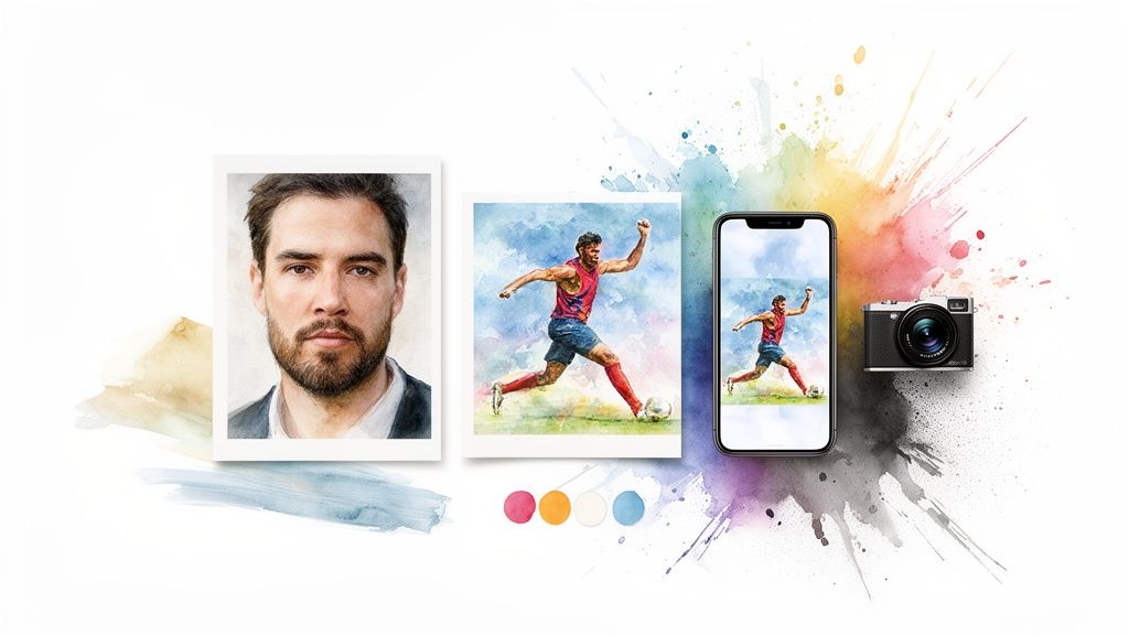 Watercolor portrait of a man, a soccer player painting on a phone and canvas, with a camera.