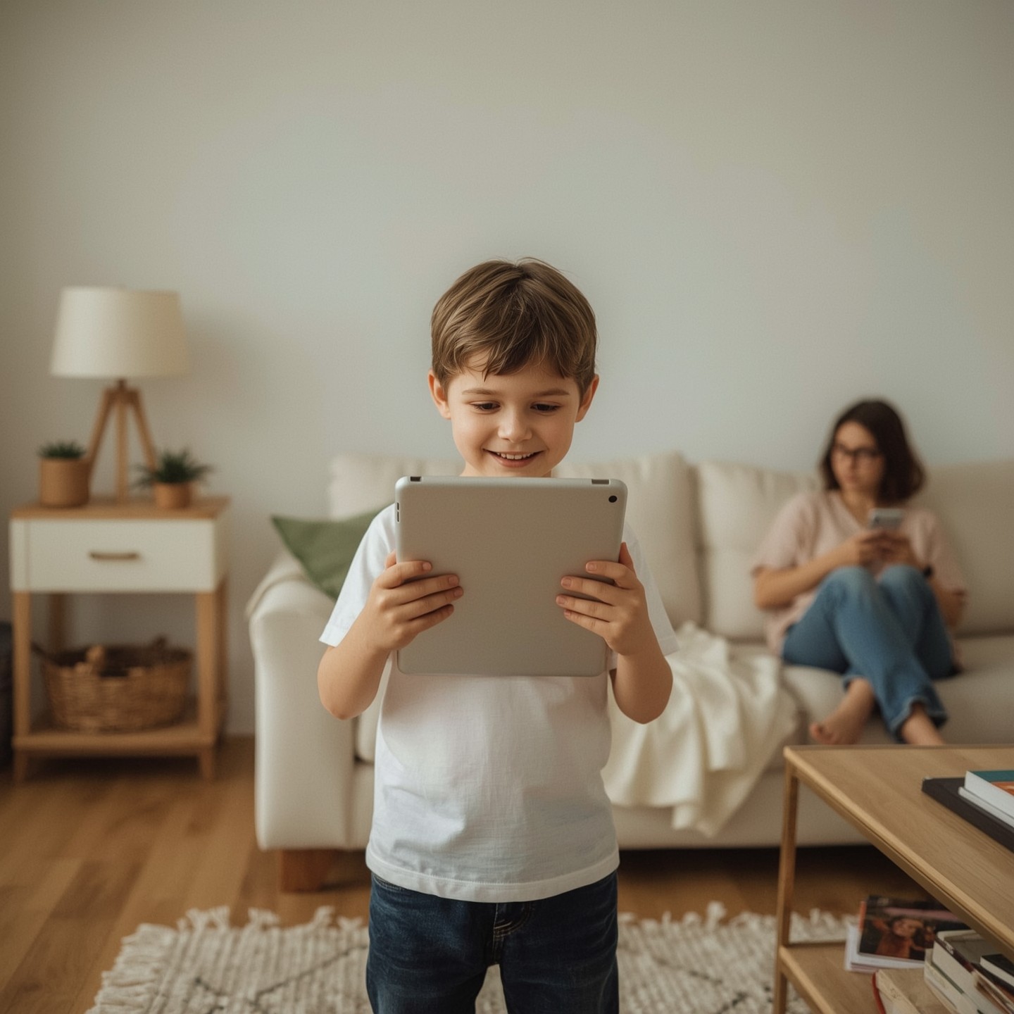 Junge mit Tablet spielt und freut sich. Mutter im Hintergrund entspannt.