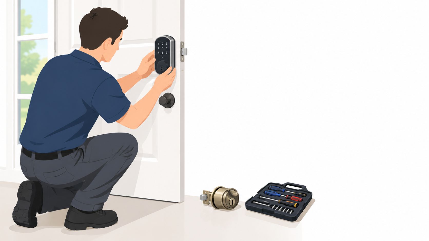 A professional technician installing a modern smart electronic lock on a white residential door.