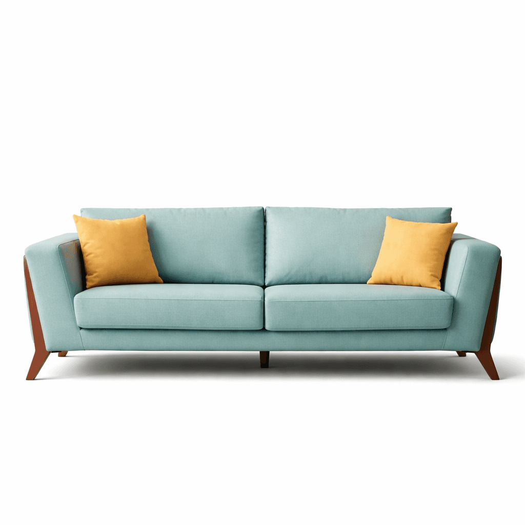 Sea‑green upholstered seating with straight cushions, sloped wooden legs, and contrast accent pillows