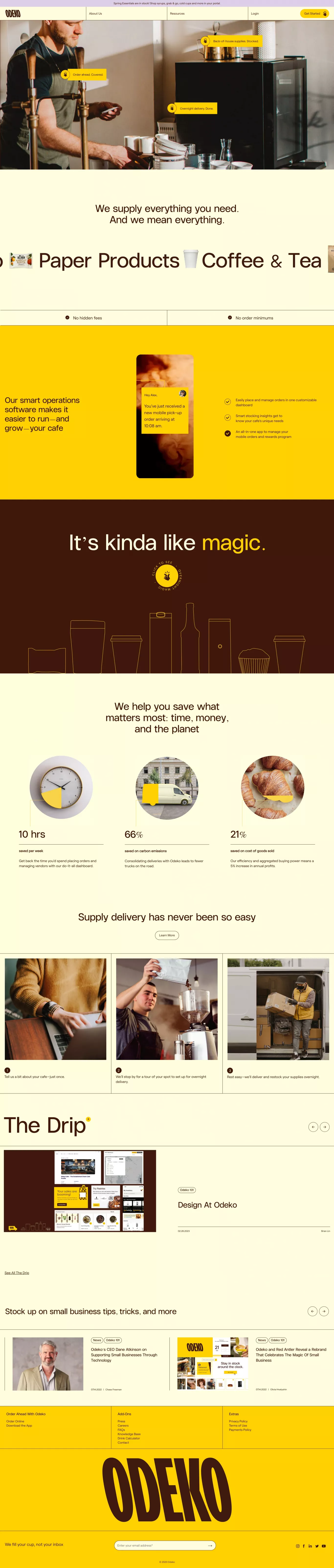 ODEKO landing page screenshot showcasing Tech and Food & Drinks design