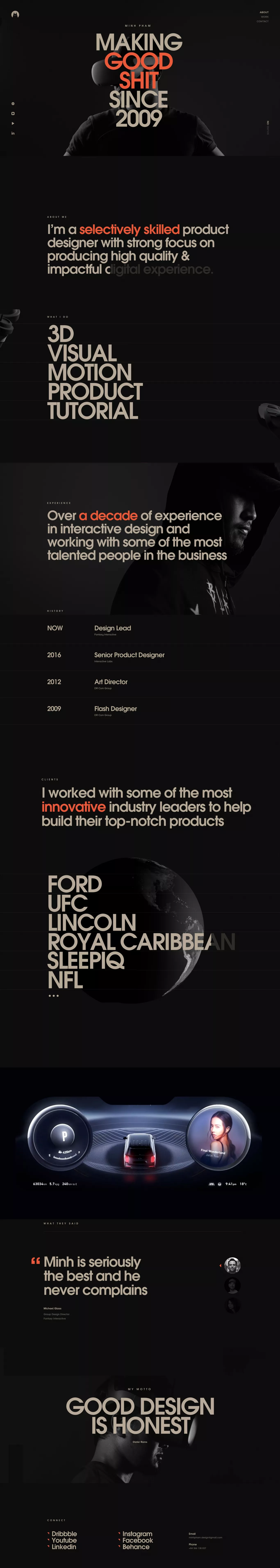 Minh Pham - Multidisciplinary Designer portfolio page screenshot showcasing Design and Tech design