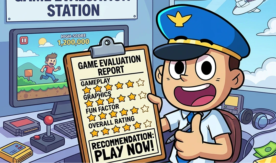 Cartoon pilot showing a game evaluation report.