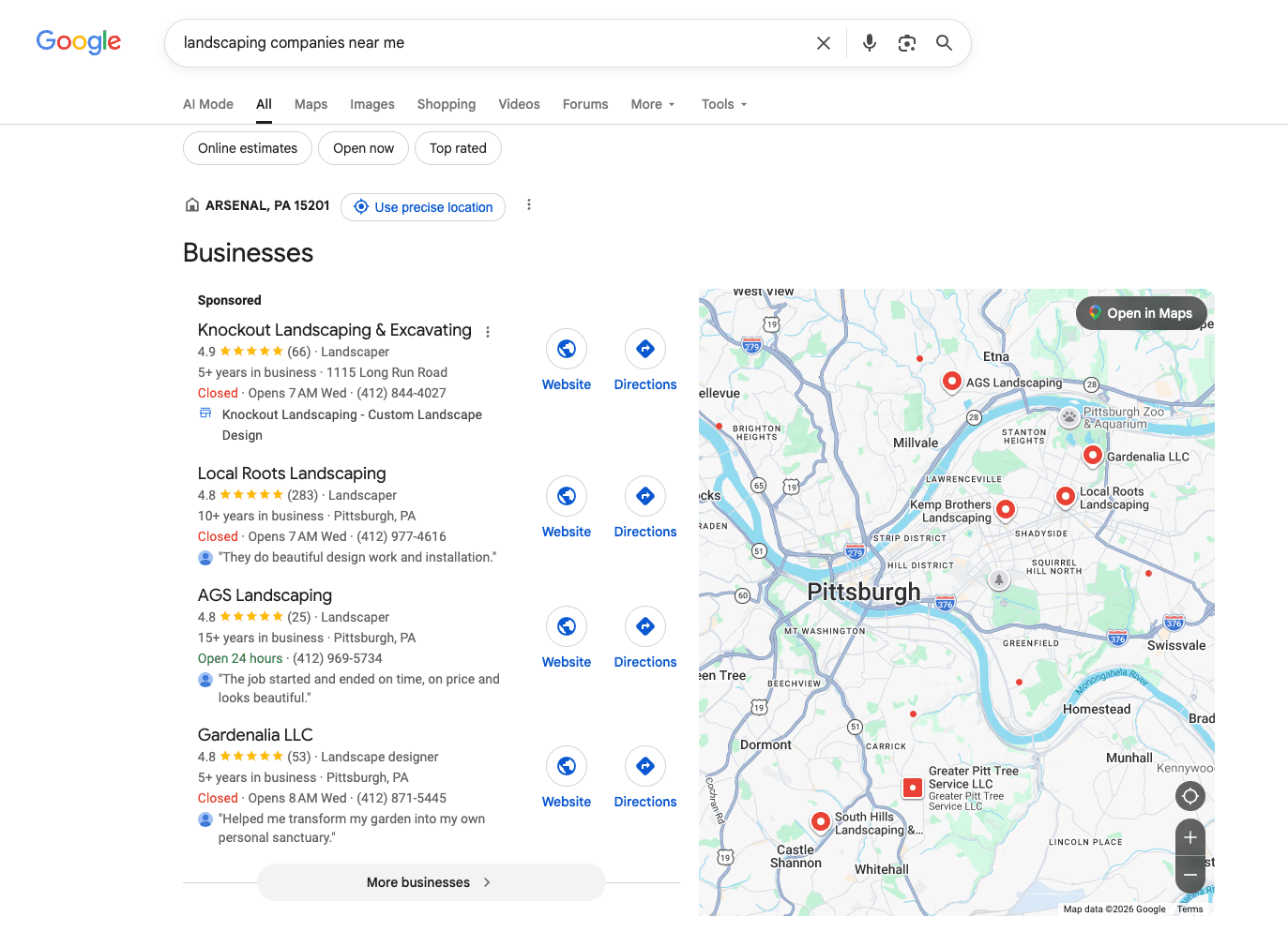 Google SERPs for landscaping companies near me
