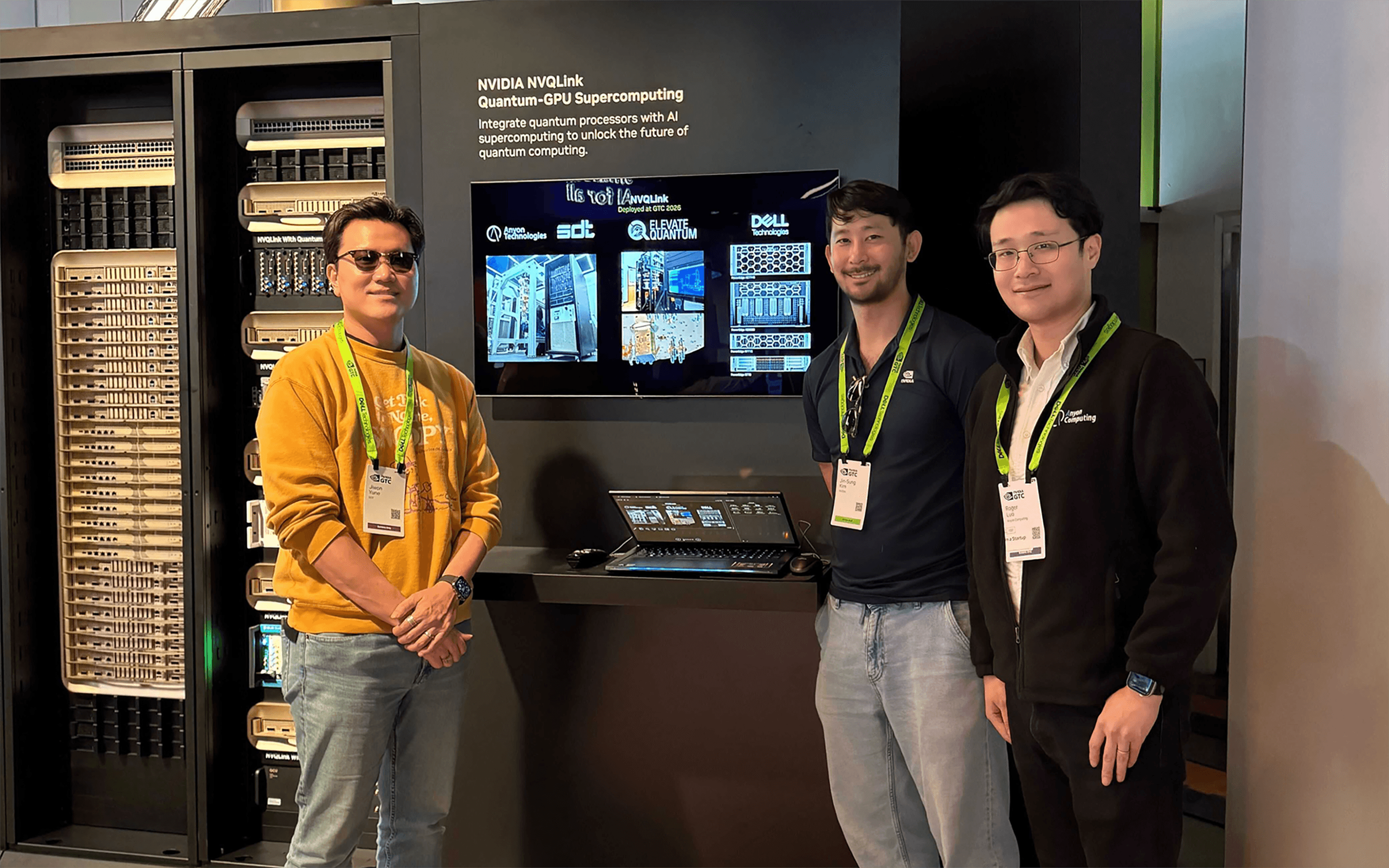 SDT CEO Jiwon Yoon, NVIDIA Dr. Jinsung Kim, and Anyon Technologies Co-founder & CEO Dr. Roger Luo taking a commemorative photo at NVIDIA GTC in San Jose, March 2026.