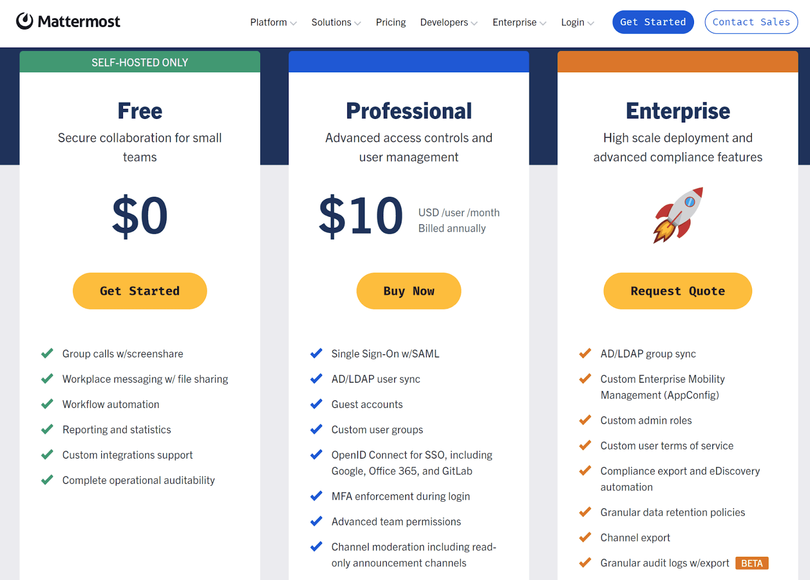 Screenshot of Mattermost's pricing page