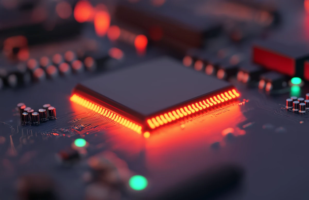 Close-up of Computer Chip with Glowing Lights