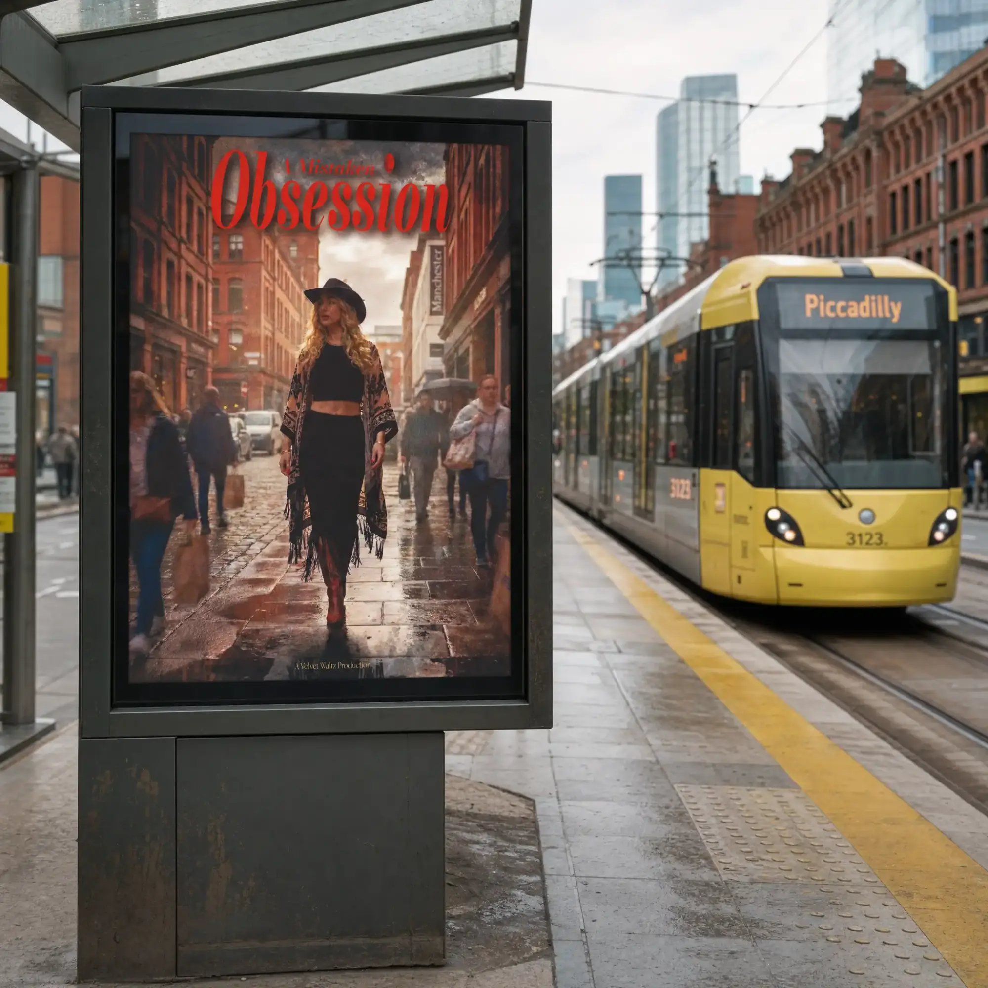 A Mistaken Obsession poster in a tram-stop display as a yellow tram arrives