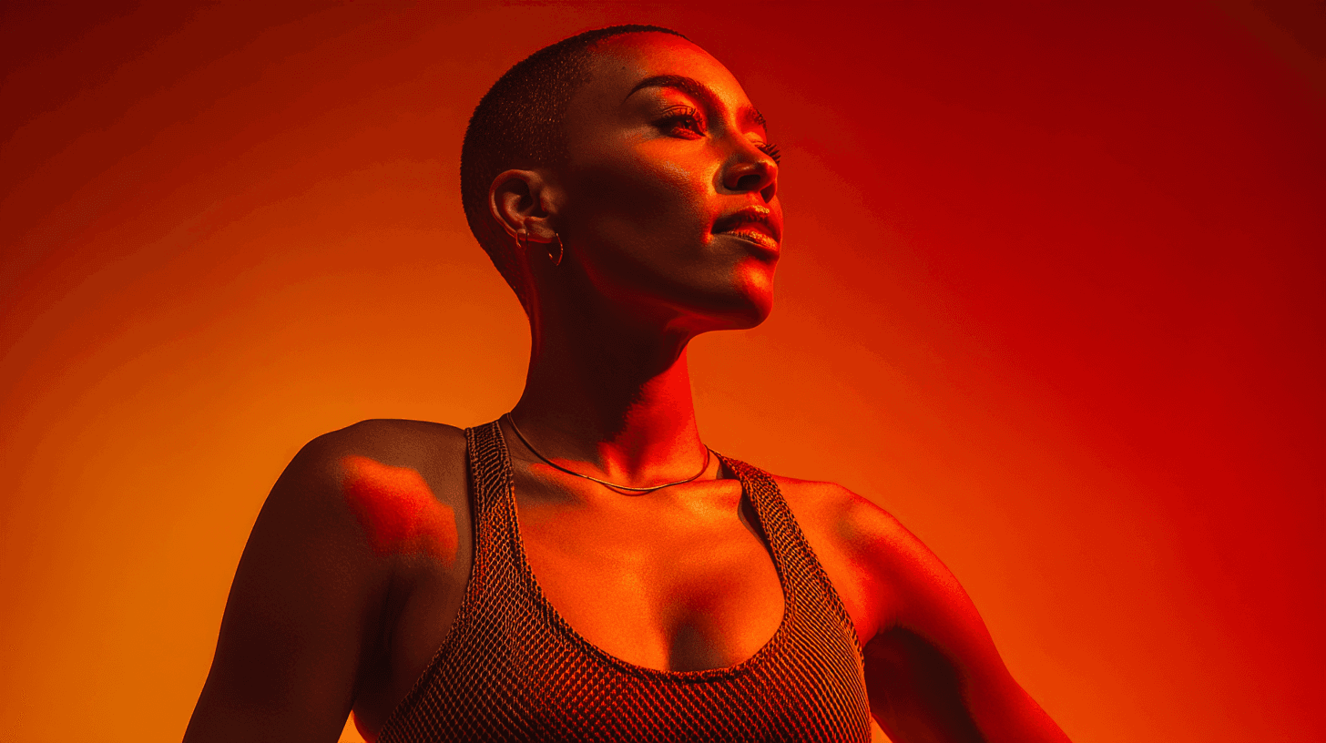 fitness portrait of women working with gym equipment, looking slightly upward confidently