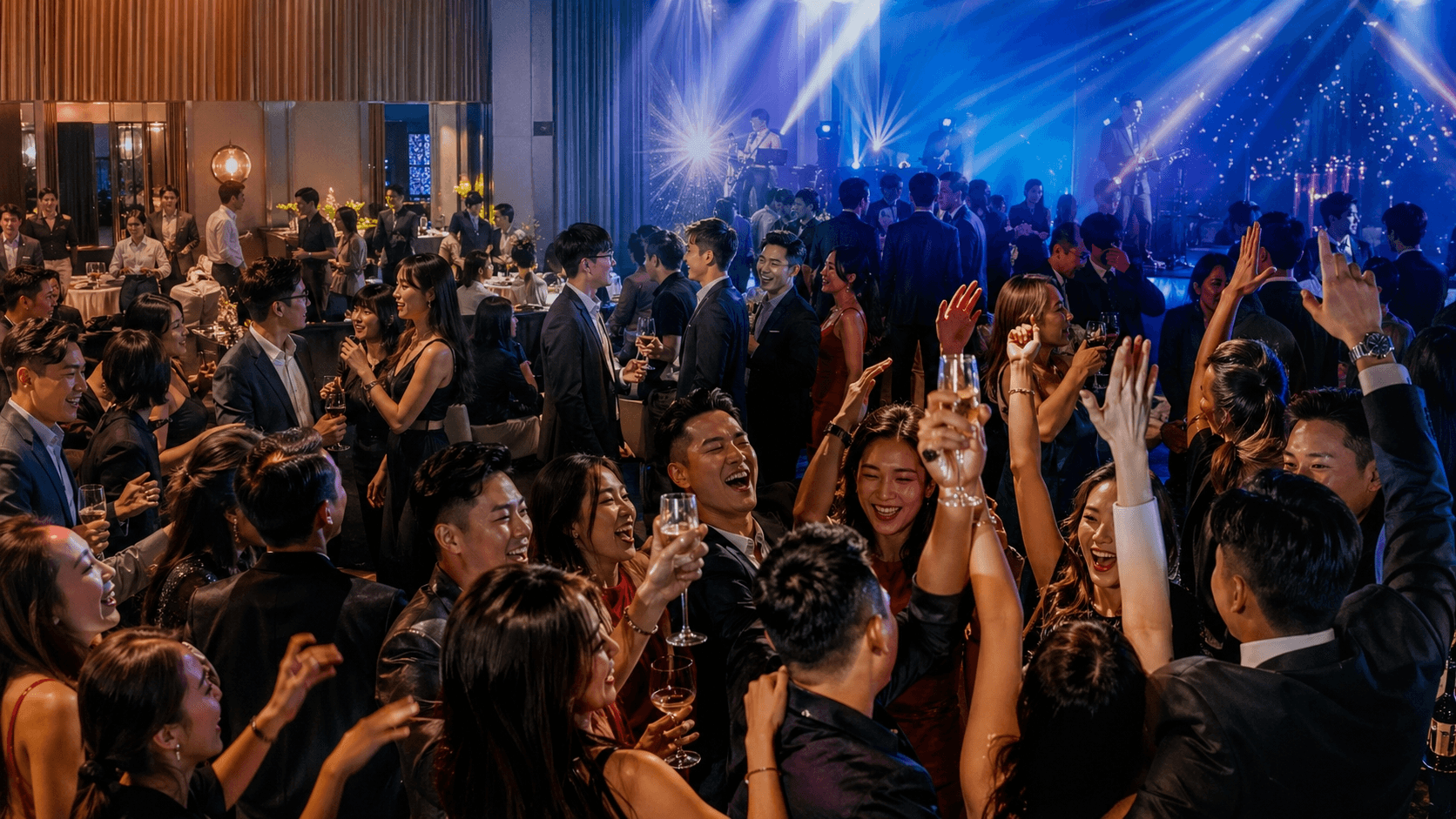 香港私人派對策劃現場，嘉賓於精緻生日派對或VIP聚會舉杯慶祝，配合專業舞台燈光營造熱烈氣氛。