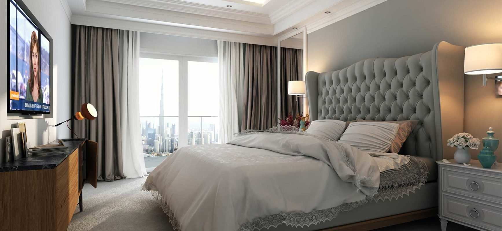 Luxury master bedroom with a large window showing Burj Khalifa views at Elite Business Bay Residence.