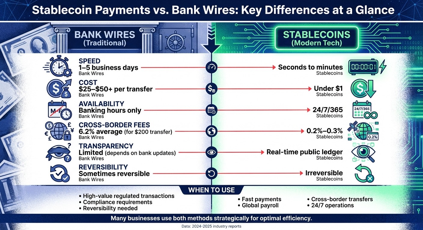 Stablecoin Payments vs Bank Wires: Speed, Cost, and Availability Comparison
