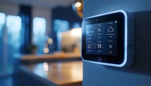 Smart home wall panel displaying climate, lighting, and security controls in a modern kitchen