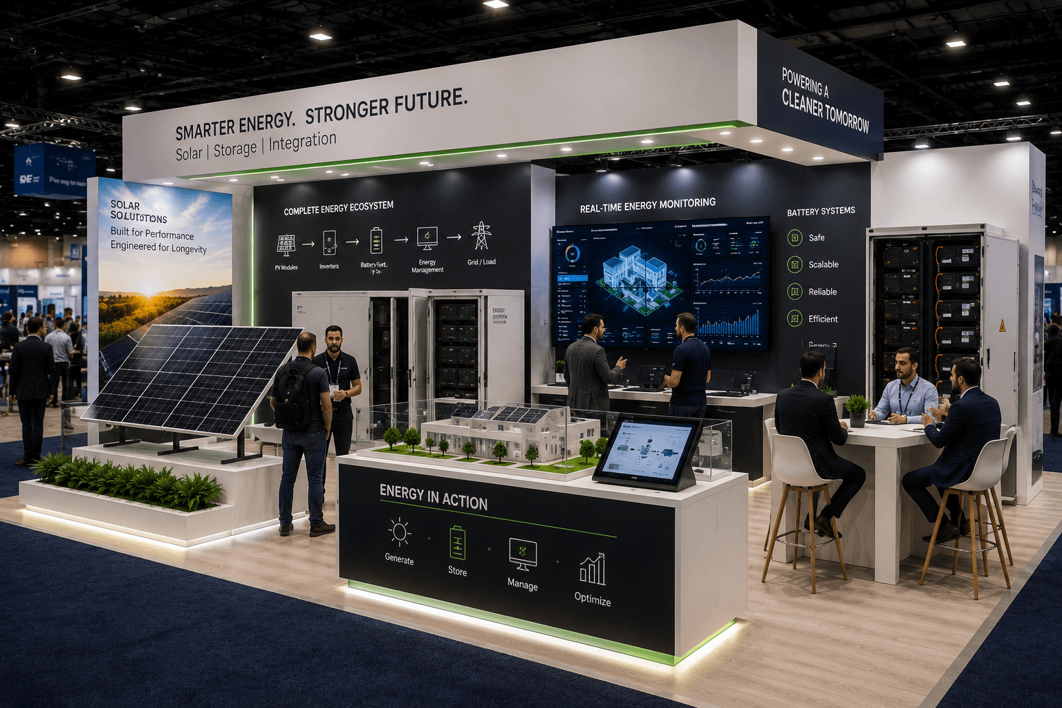 RE+ clean energy booth layout with solar panel samples, battery system display, technical demo counter, energy monitoring screen, meeting counter, and visitor flow