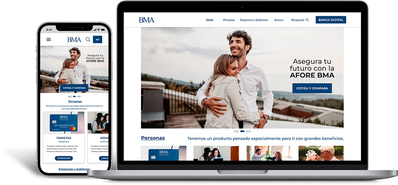 Maqueta de alta fidelidad del proyecto 'Banco Mexicano del Ahorro'; presenta el diseño responsivo del portal bancario en versiones para escritorio y móvil, destacando una interfaz segura, limpia y orientada a la gestión financiera del usuario.