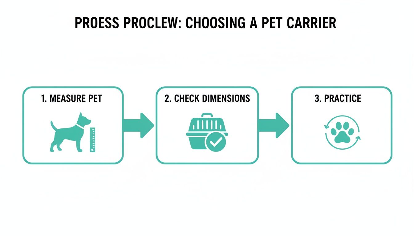 A three-step guide for choosing a pet carrier: measure the pet, check carrier dimensions, and practice use.