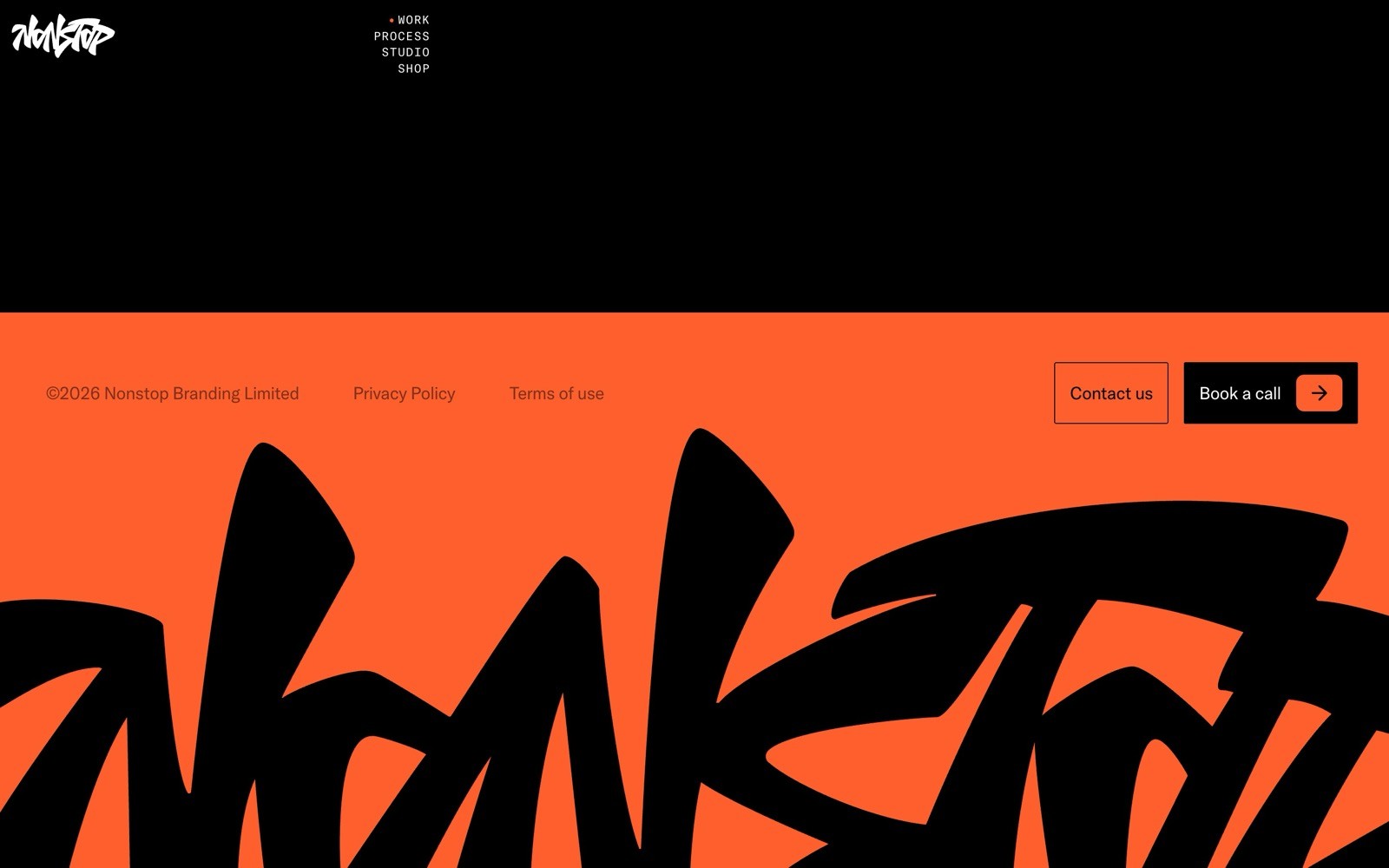 Bold graffiti-style text on orange; black header with “Work”, “Process”, “Studio”, “Shop” menu. Footer with "Contact us" button.